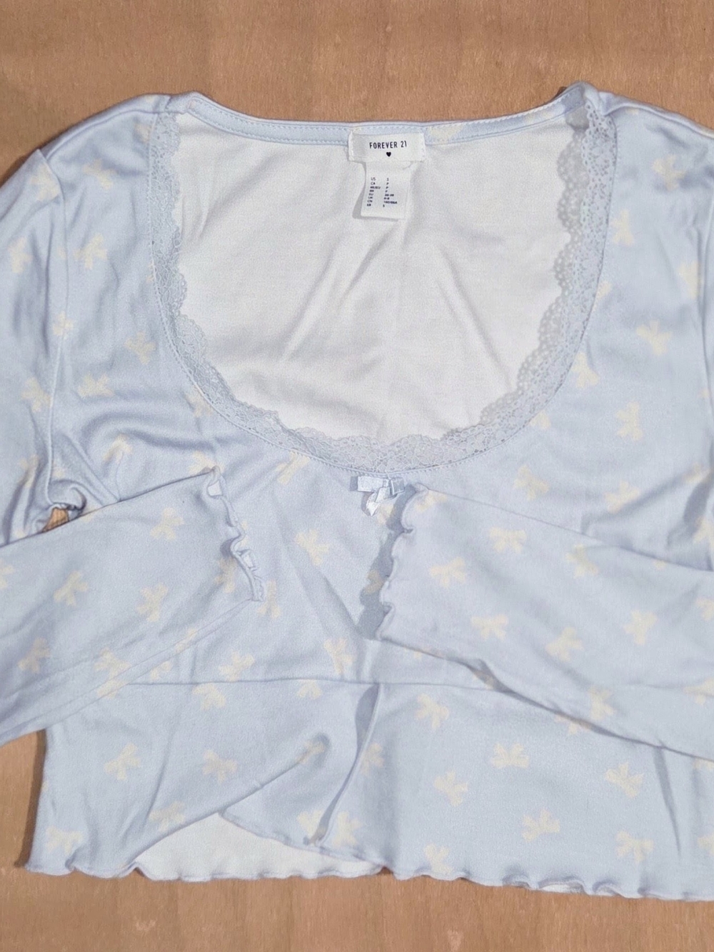 Forever 21 Light Blue Lace-Trim Cropped Sleep Top with Cream Bow Print